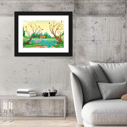 Thatched Village by the Lake Wall Art