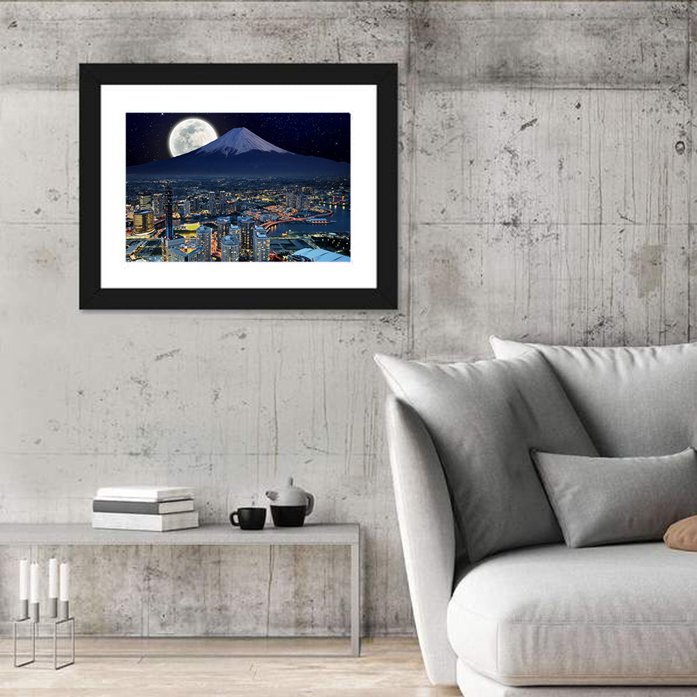 Yokohama Night Skyline with Mount Fuji Wall Art in a room, landscape