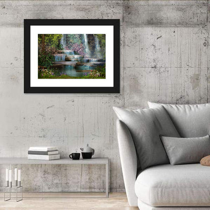 Multi-tier Jungle Waterfall with Pink Blossoms Wall Art