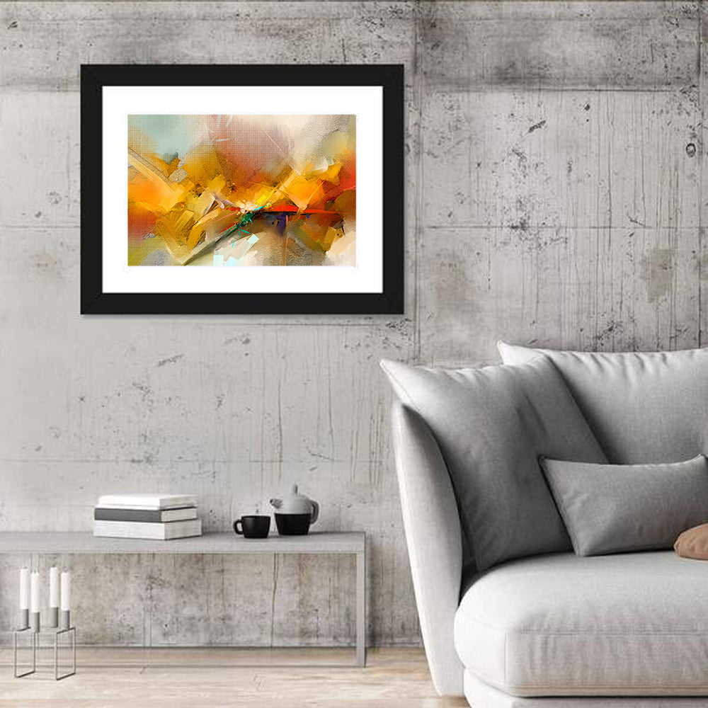 Gold and Teal Brushstroke Abstract Wall Art in a room, landscape