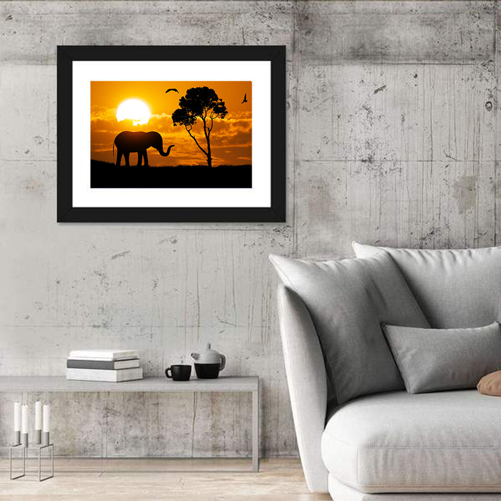 Sunset Elephant Silhouette Wall Art in a room, landscape