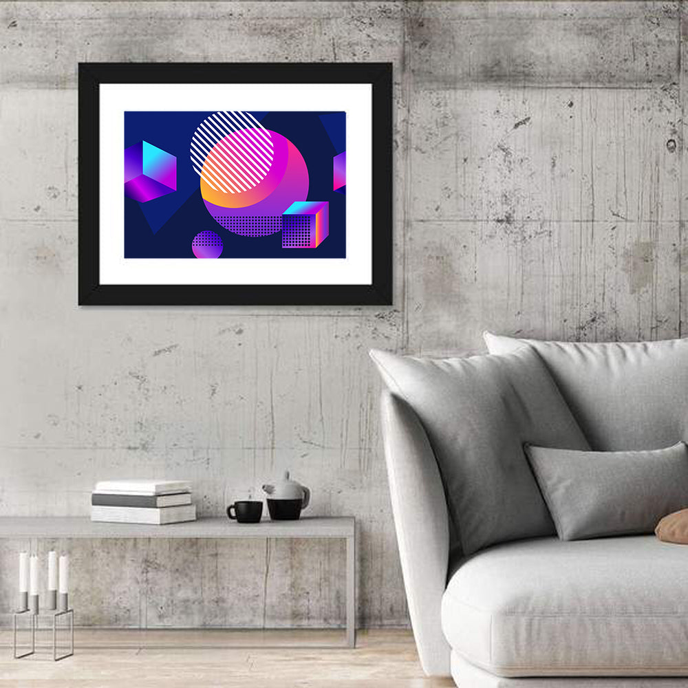 Isometric Shapes in Blue and Purple Wall Art in a room, landscape
