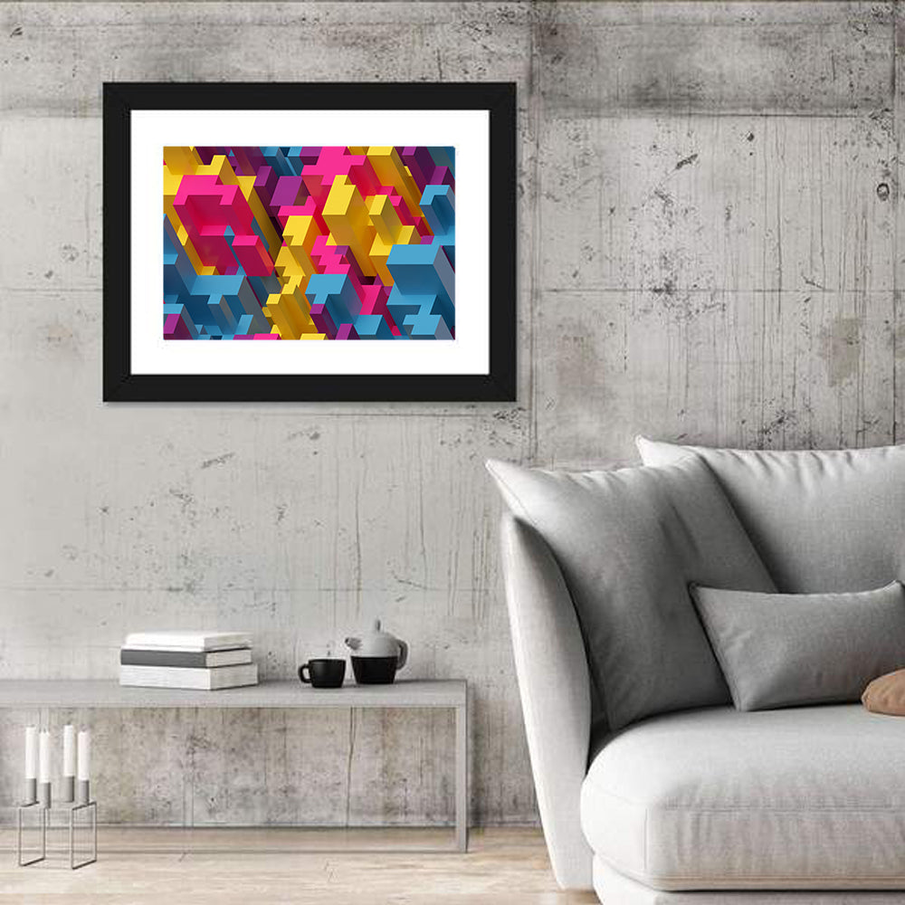 Isometric Voxel Cluster Wall Art in a room, landscape