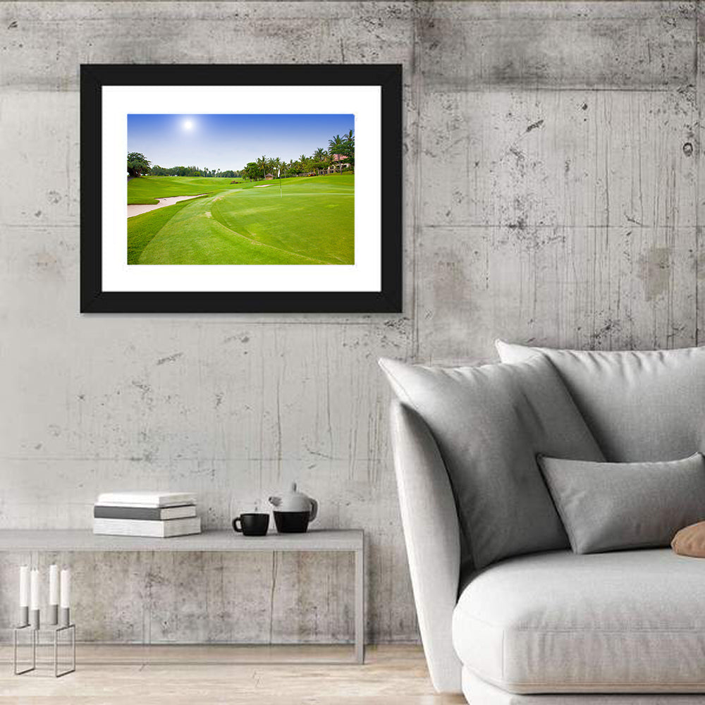 Sunny Putting Green with Palm Trees Wall Art in a room, landscape