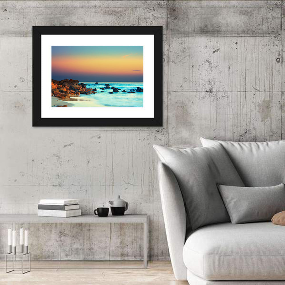Sunset Over Volcanic Shoreline Wall Art in a room, landscape