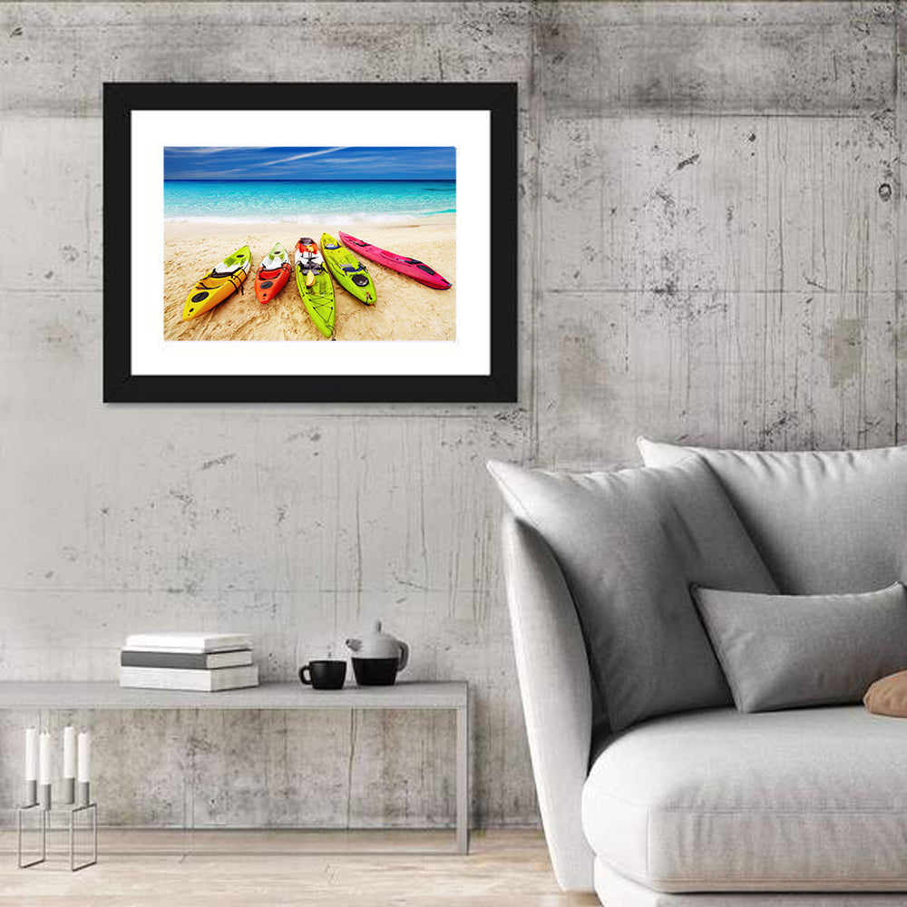 Five Colorful Kayaks on White Sand Wall Art