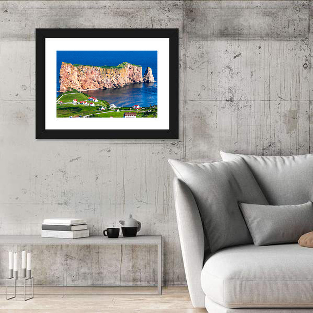 Percé Rock and Coastal Village, Quebec Wall Art in a room, landscape