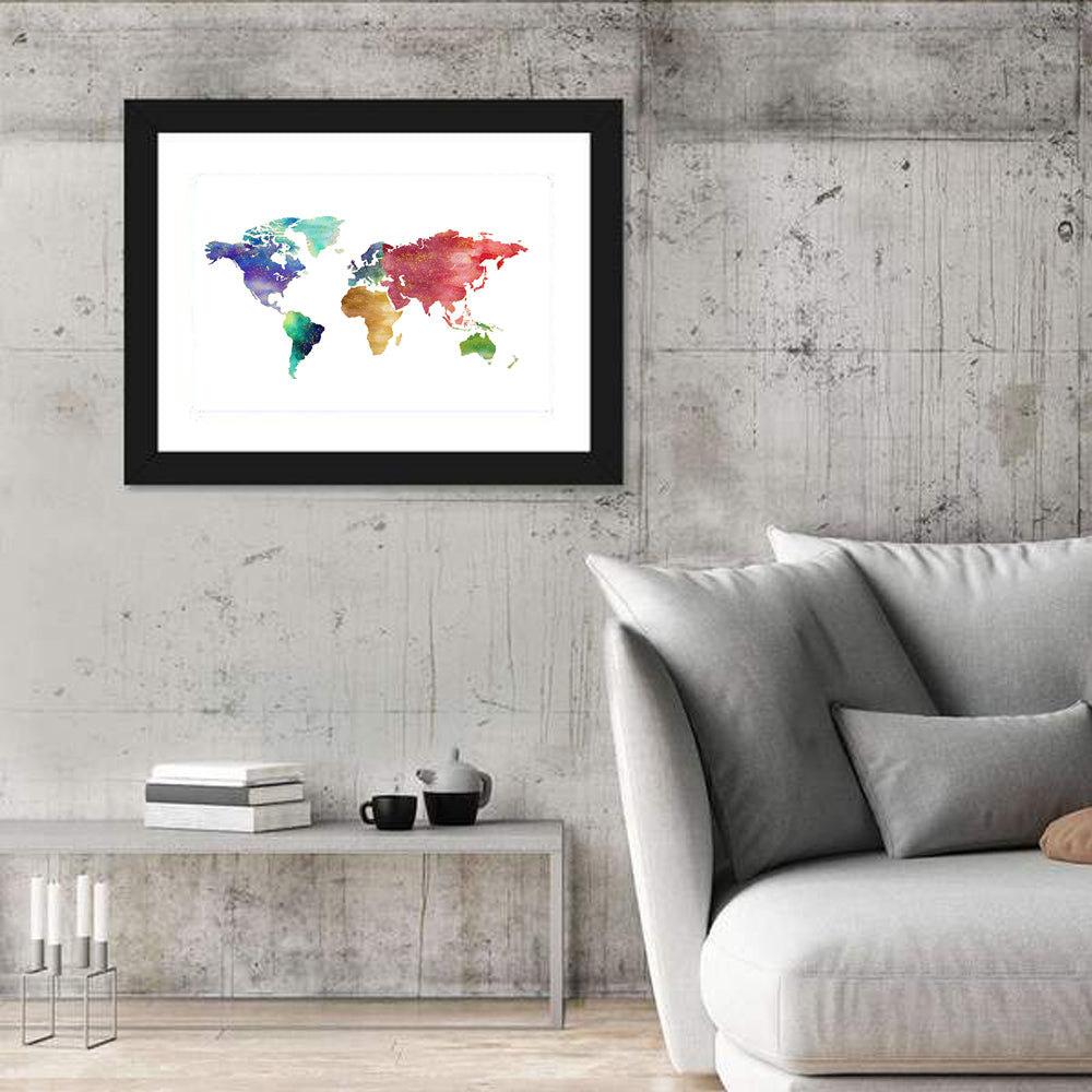 Watercolor World Map Wall Art in a room, landscape