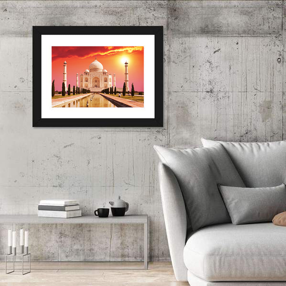 Taj Mahal at Sunrise, Agra Wall Art in a room, landscape