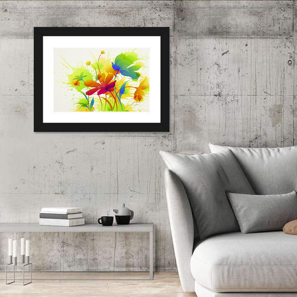 Vibrant Wildflower Watercolor Illustration Wall Art in a room, landscape