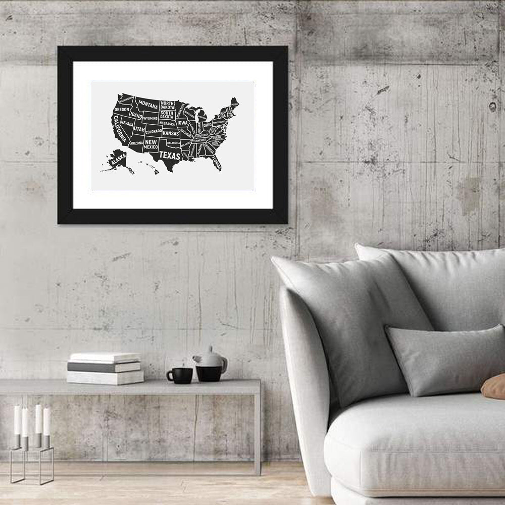 United States Map Silhouette Wall Art in a room, landscape