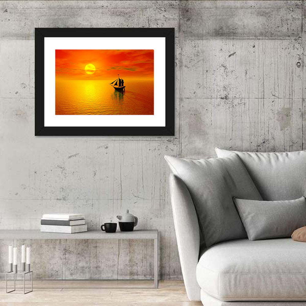 Old Sailboat Silhouette at Sunset Wall Art in a room, landscape