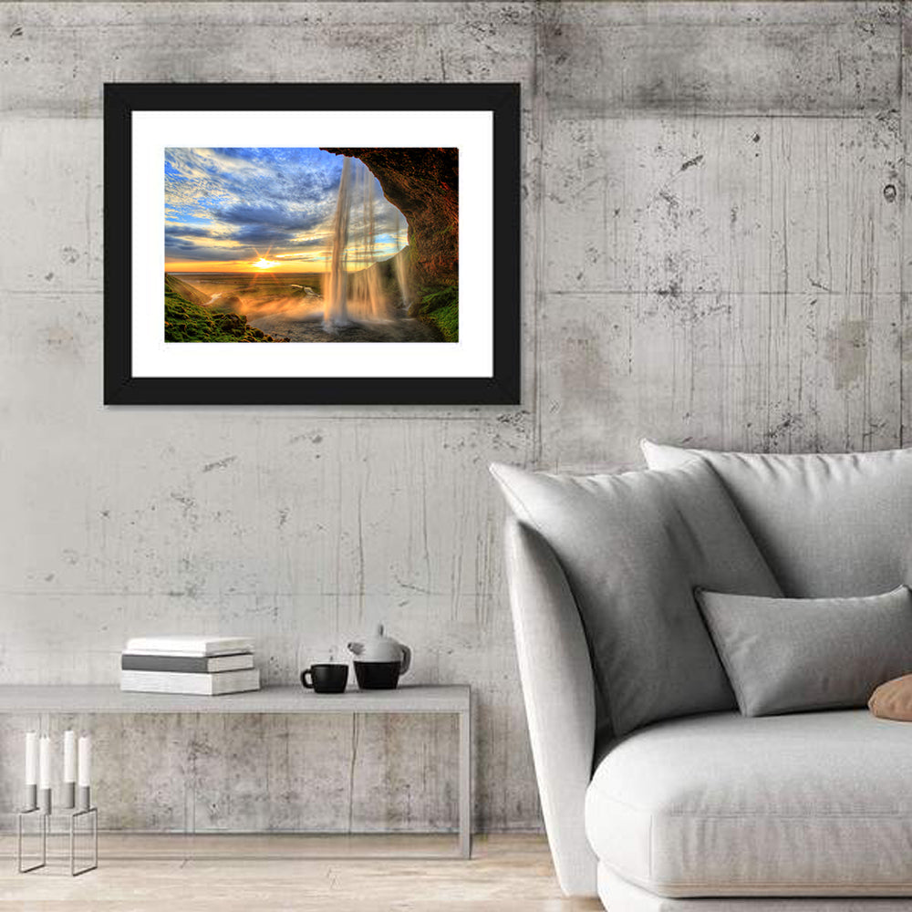 Seljalandsfoss at Sunset Wall Art in a room, landscape