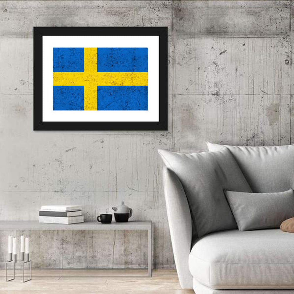 Weathered Swedish Flag Wall Art in a room, landscape
