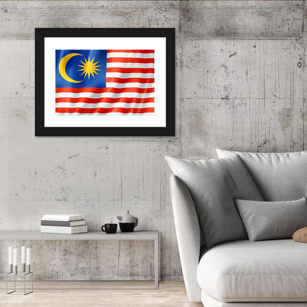 Malaysian Flag with Crescent and 14 Point Star Wall Art in a room, landscape