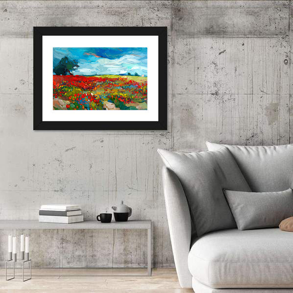 Impressionist Poppy Field Wall Art in a room, landscape