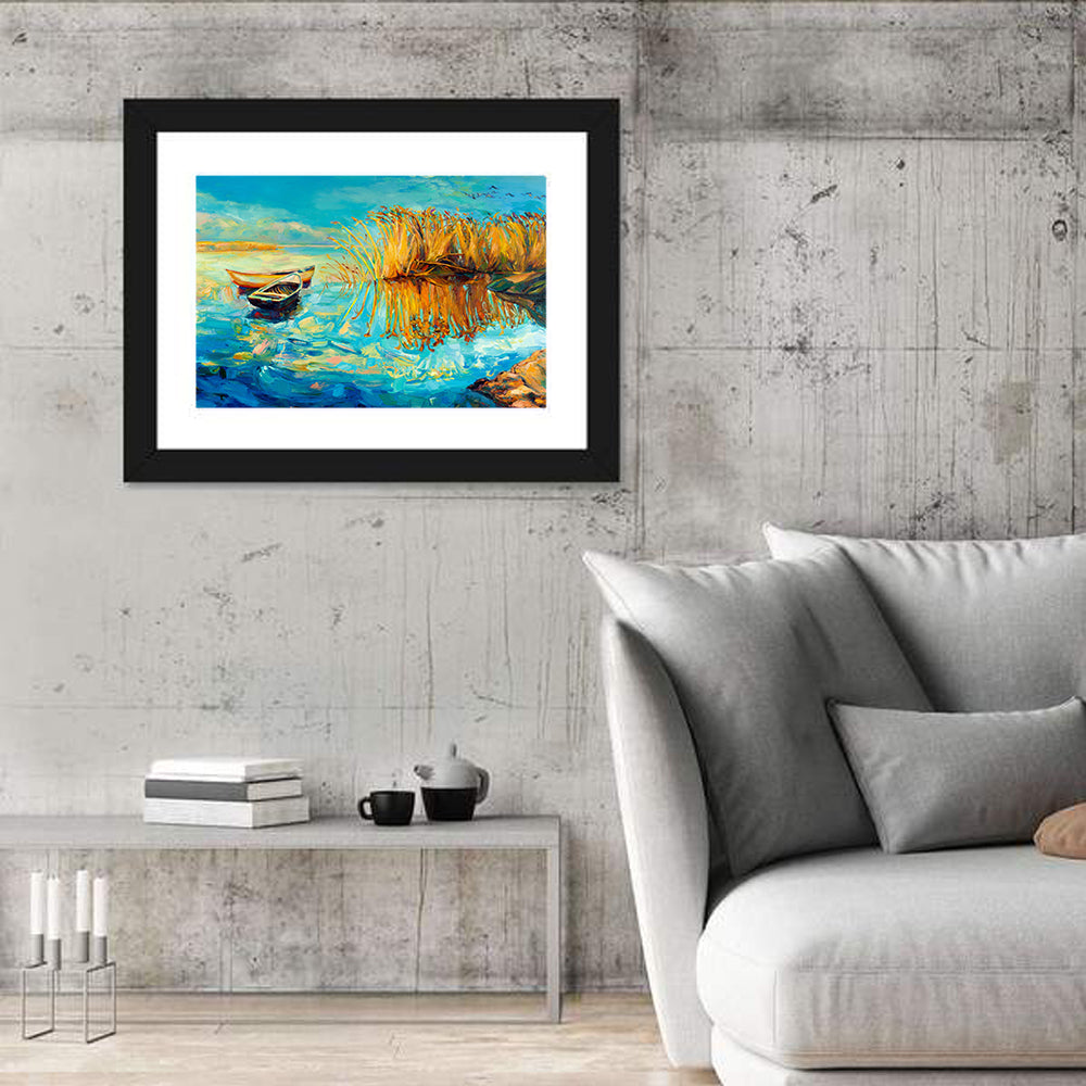 Rowboats and Reeds on Blue Lake Wall Art in a room, landscape