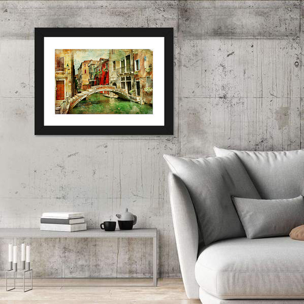 Venetian Canal Romance Wall Art in a room, landscape