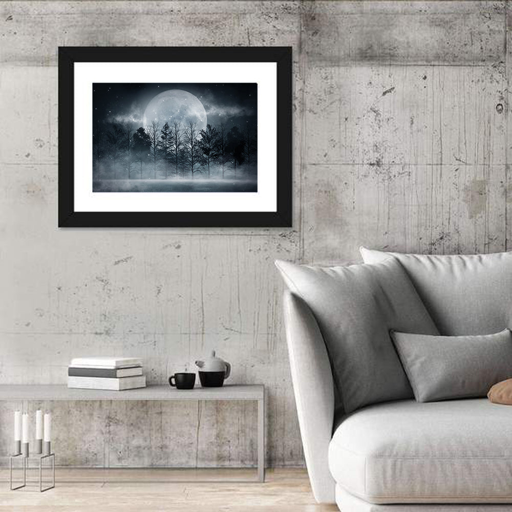 Full Moon Over Misty Forest Wall Art in a room, landscape