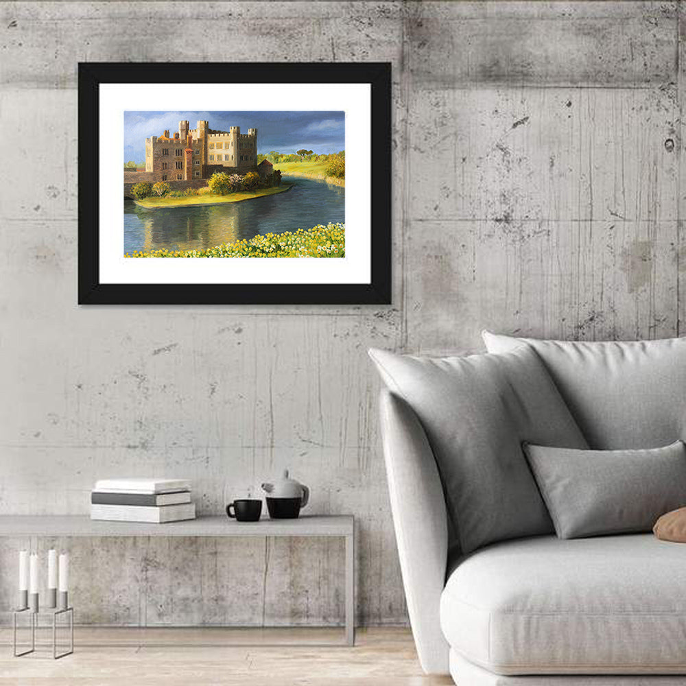 Castle Reflected Over Flower Meadow Wall Art in a room, landscape