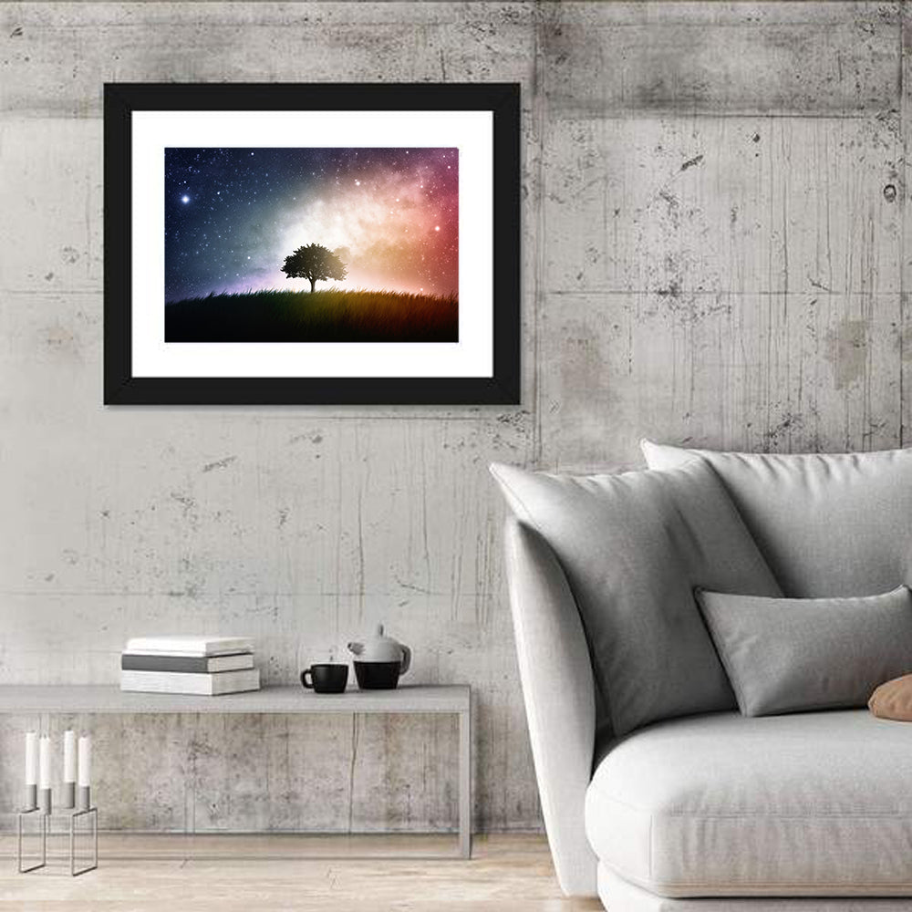 Tree Silhouette Under Nebula Sky Wall Art