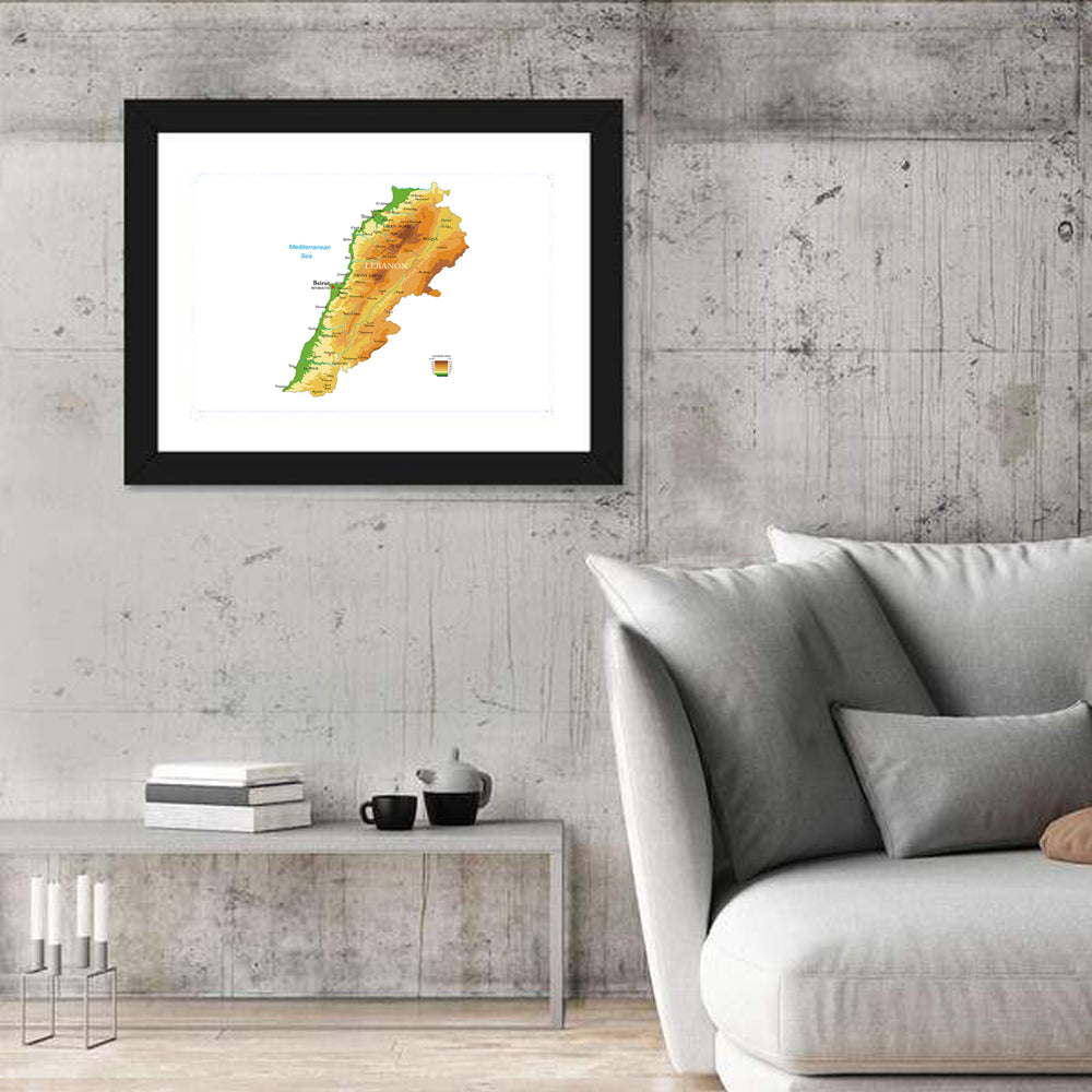 Lebanon Terrain Map Wall Art in a room, landscape