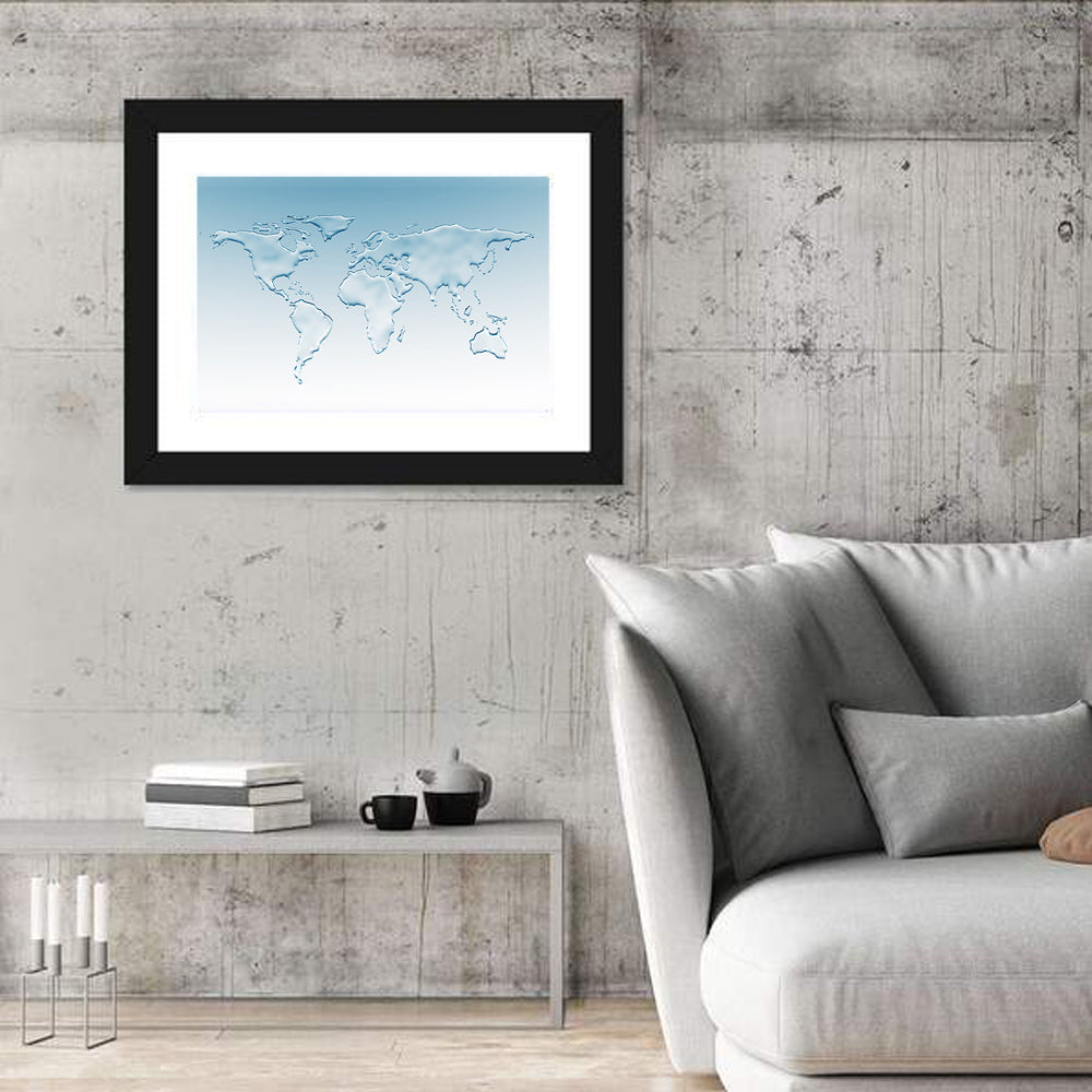 Embossed Water World Map Wall Art in a room, landscape