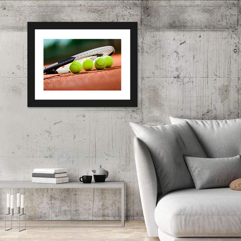 Tennis Balls Along Racket Frame Wall Art in a room, landscape