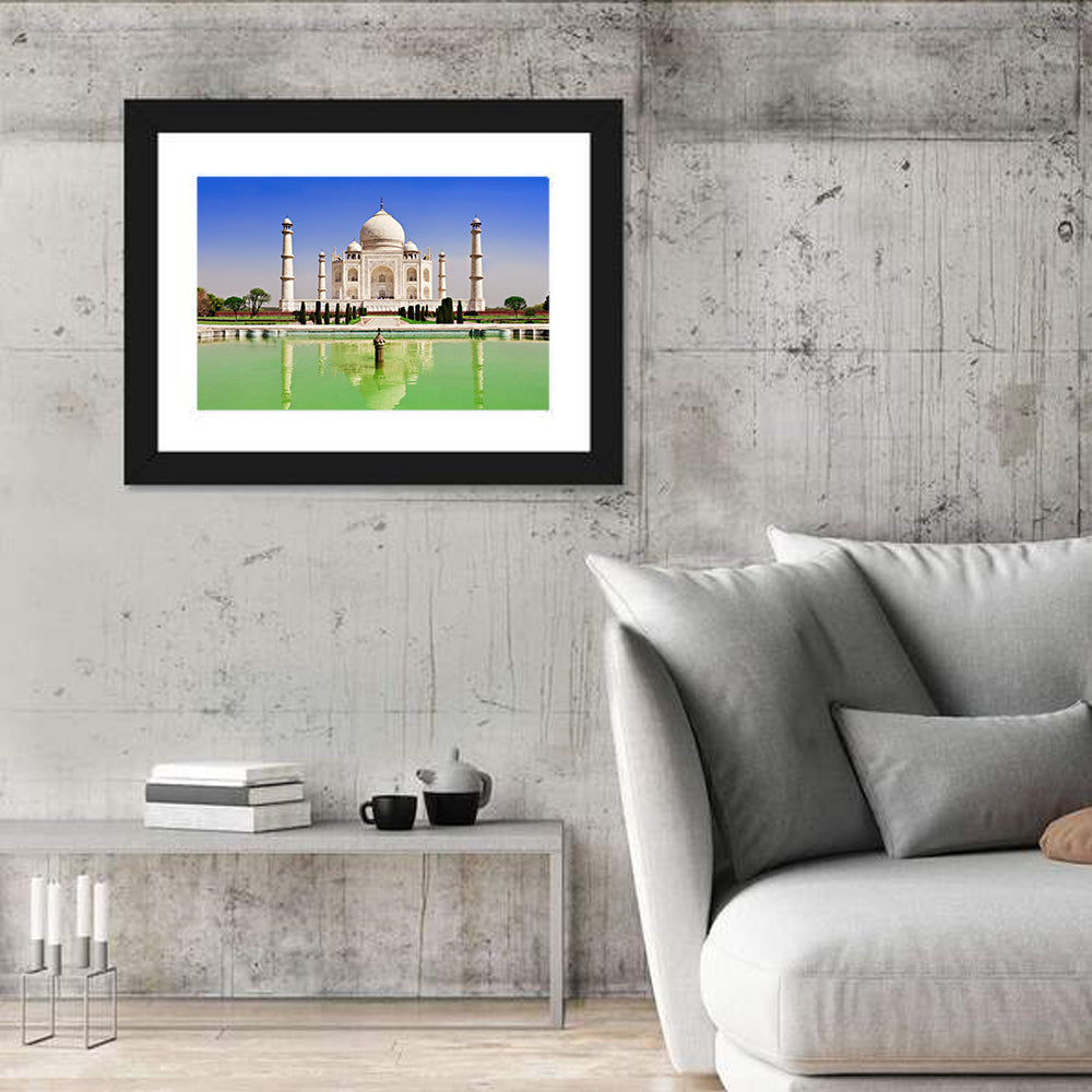 Taj Mahal Day Reflection Wall Art in a room, landscape