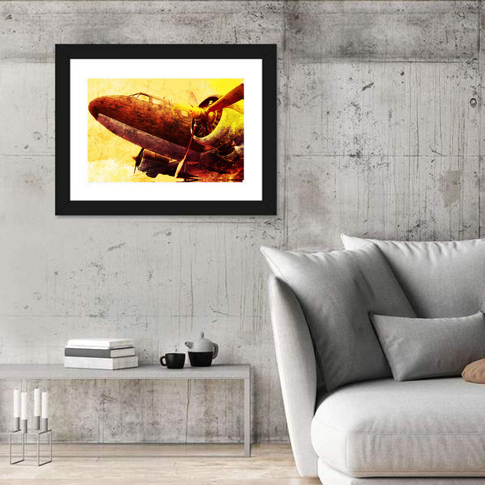 Grunge Military Propeller Plane Wall Art in a room, landscape