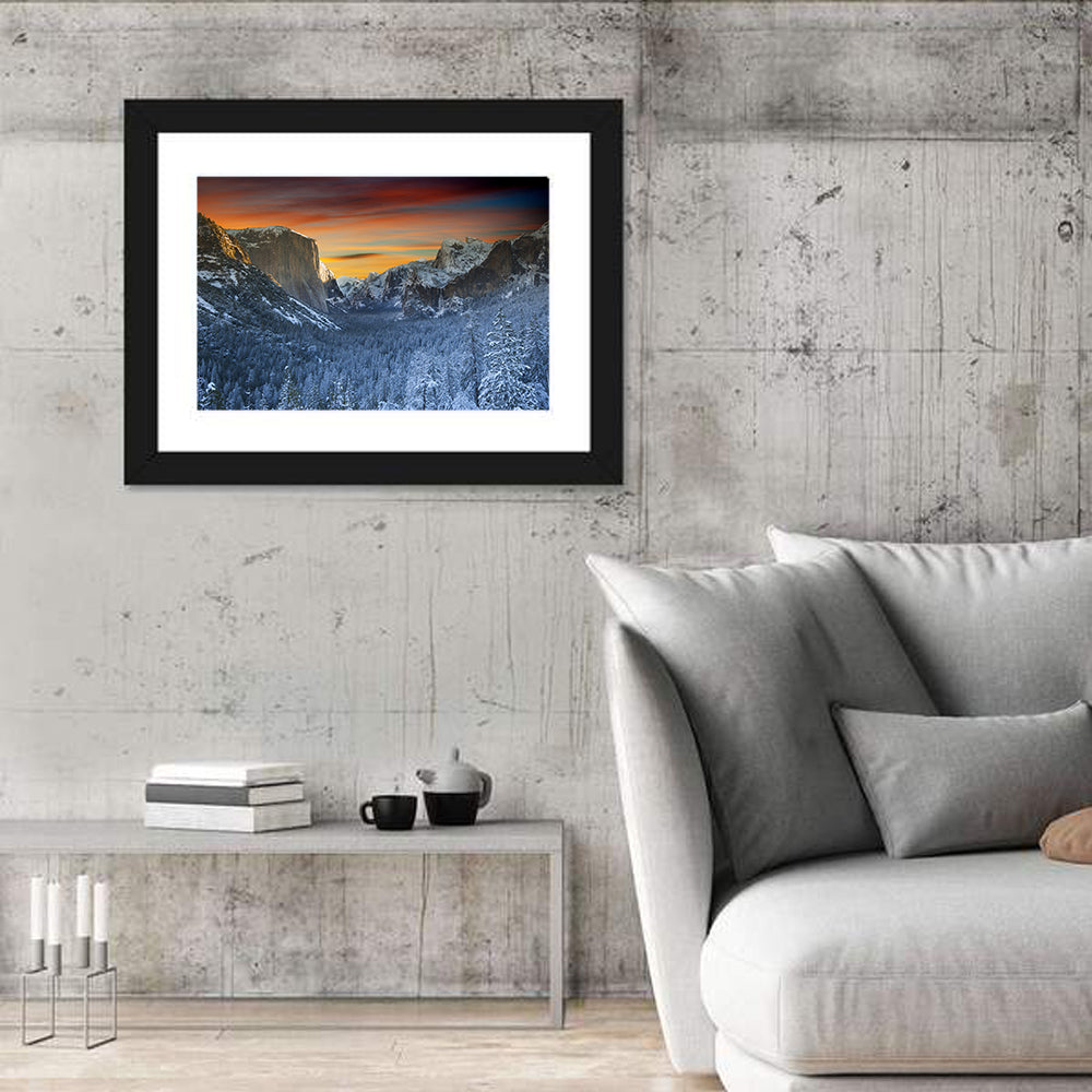 Yosemite Valley Winter Sunset Wall Art in a room, landscape