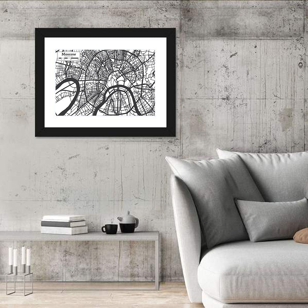 Minimalist Moscow City Map Wall Art in a room, landscape