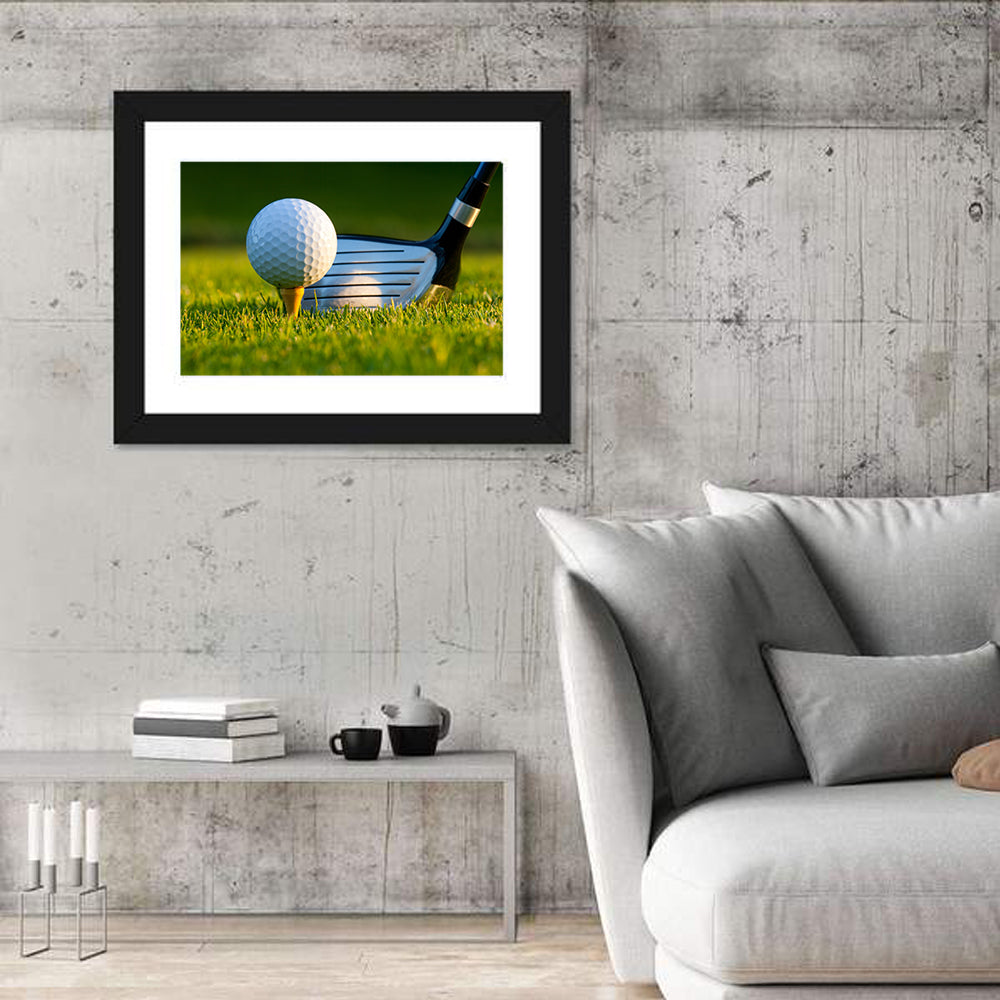 Golf Ball and Club Close Up Wall Art in a room, landscape