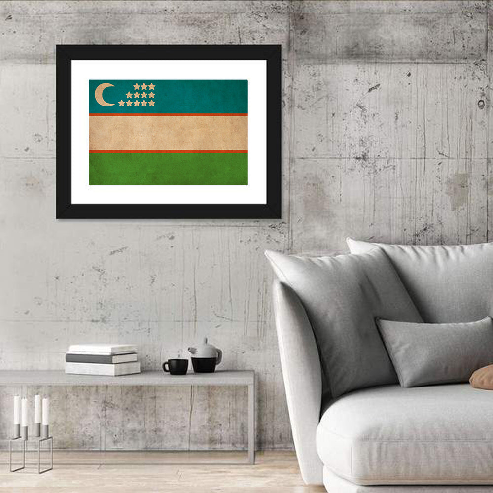 Uzbekistan Flag with Crescent and Stars Wall Art in a room, landscape