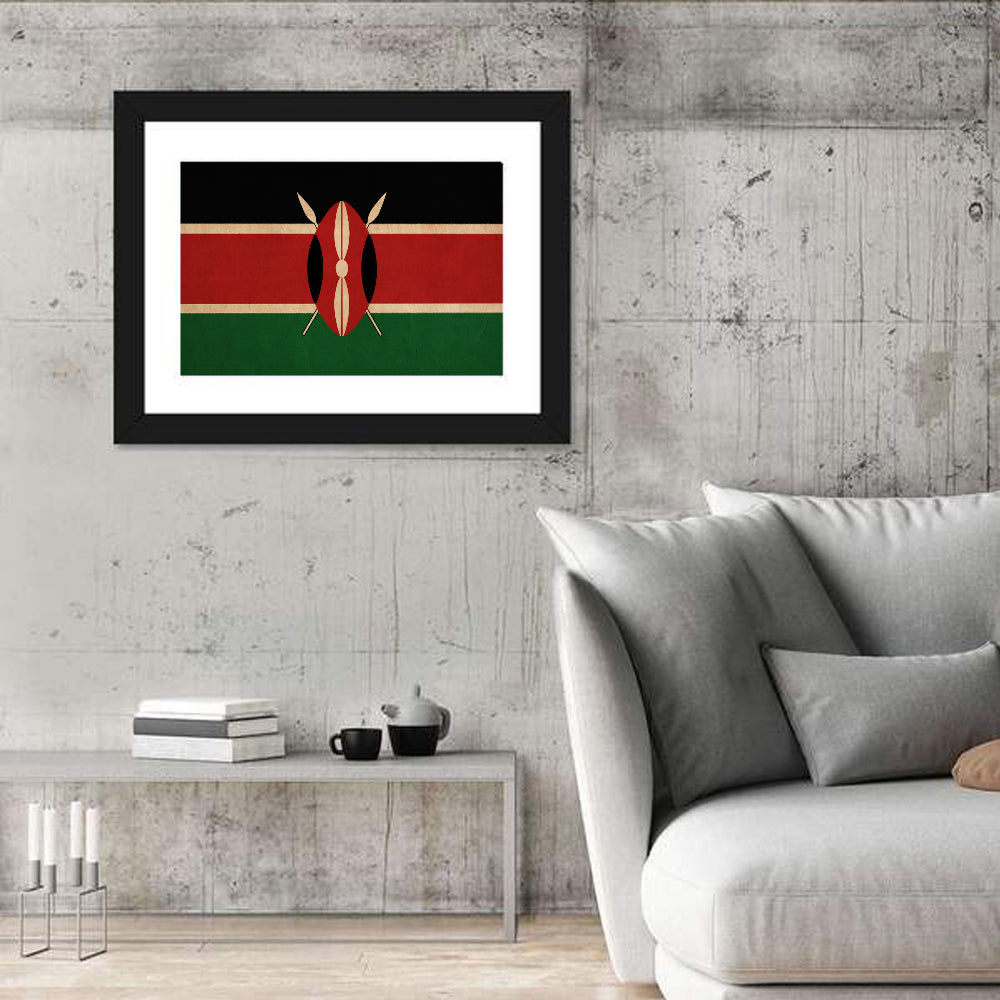 Kenyan Flag with Shield Emblem Wall Art in a room, landscape