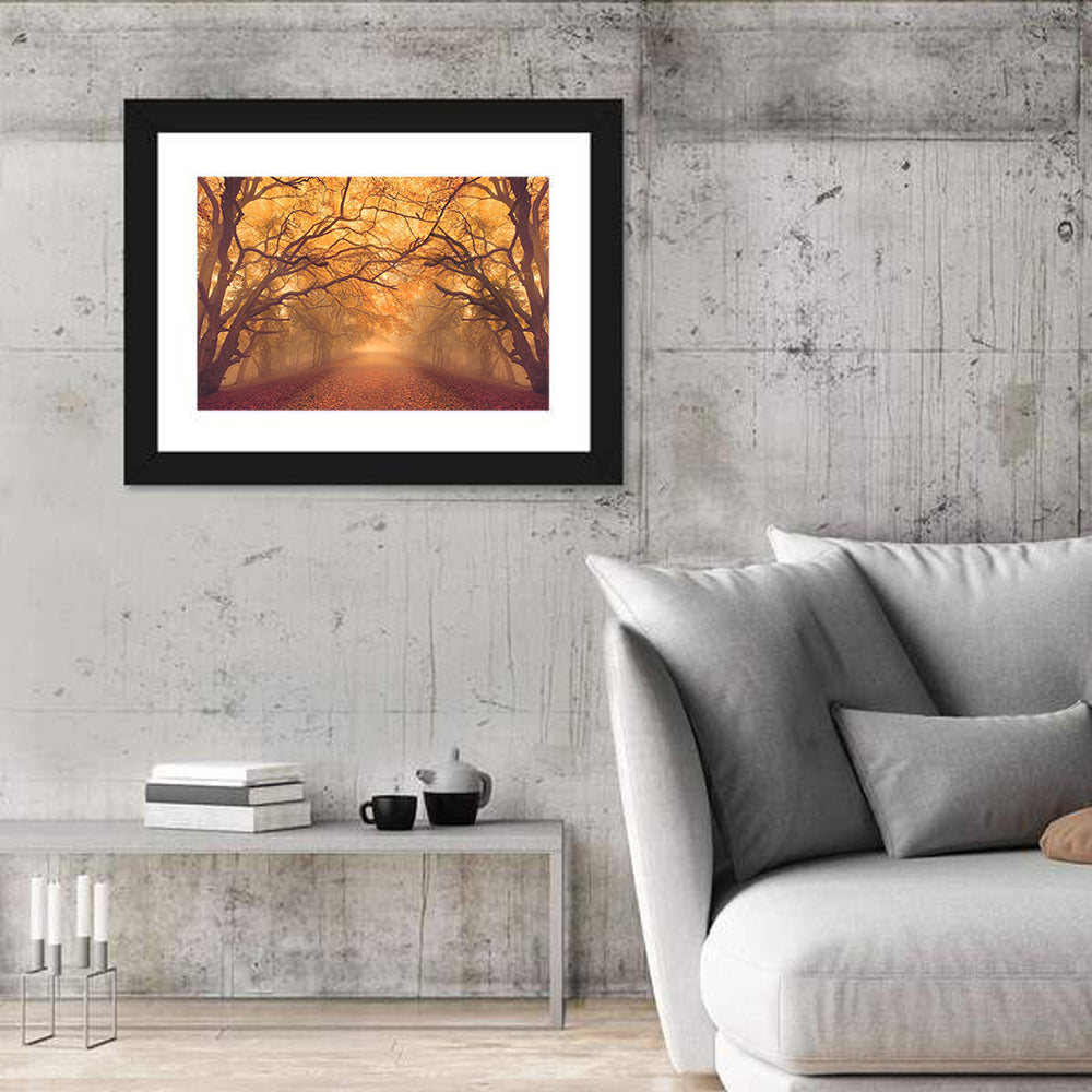Golden Autumn Forest Path Wall Art in a room, landscape