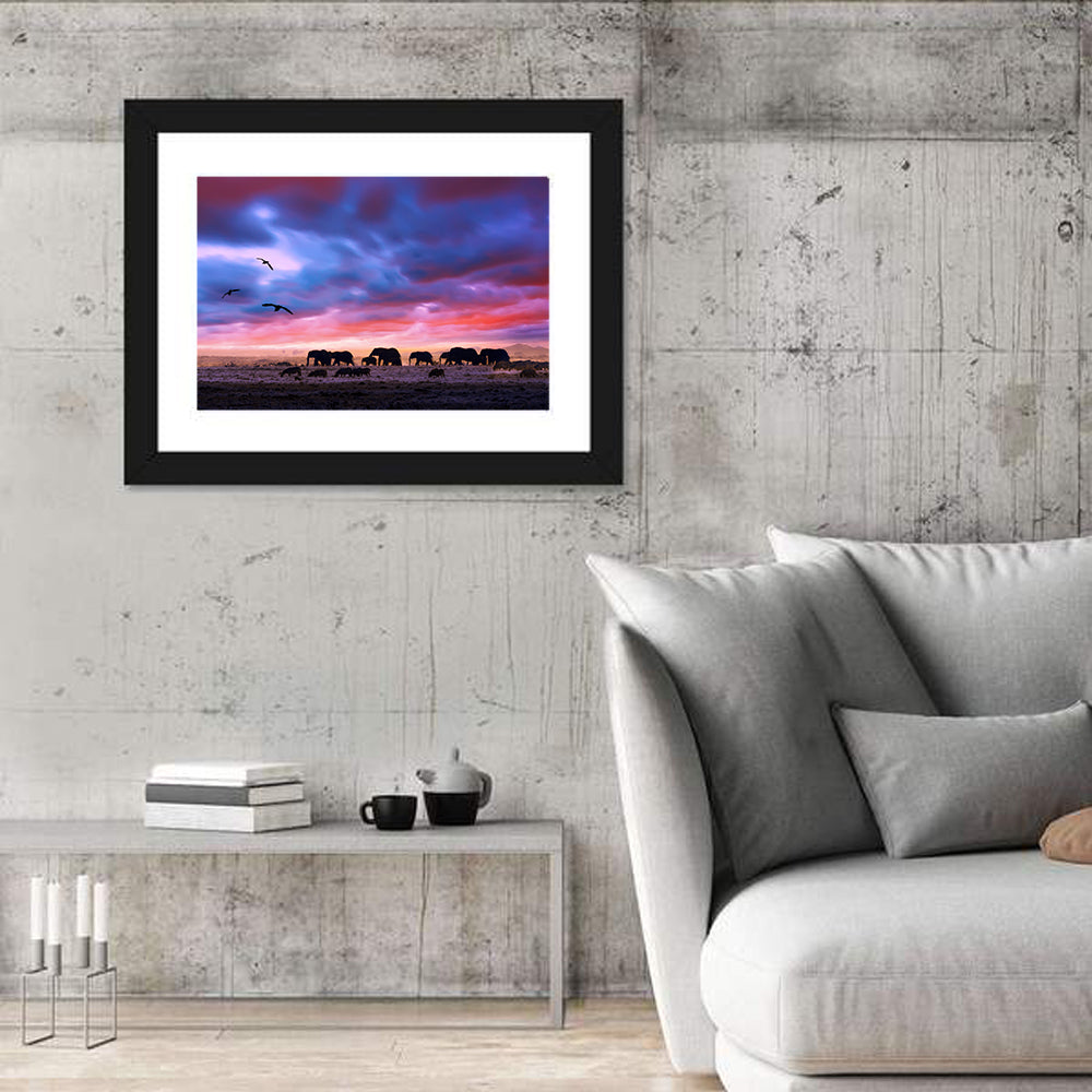 Elephants at Savannah Sunset Wall Art