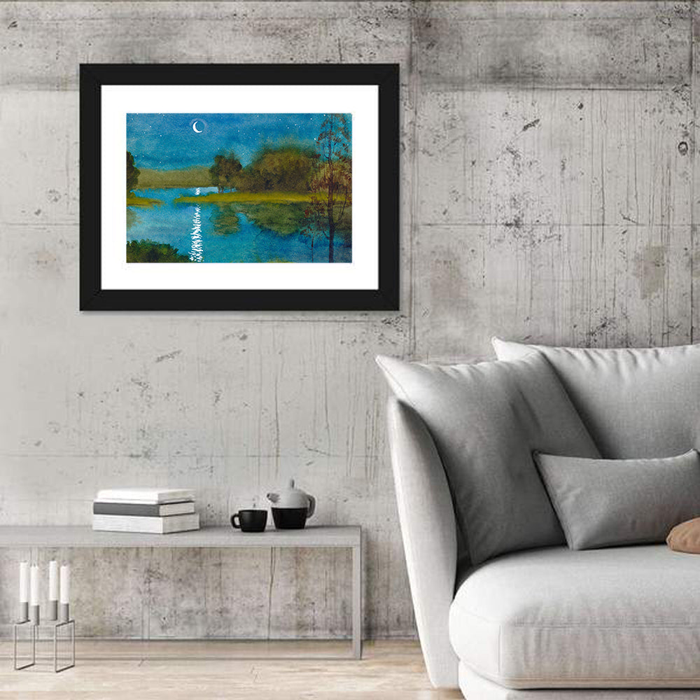 Quiet River Under Moonlight Wall Art in a room, landscape