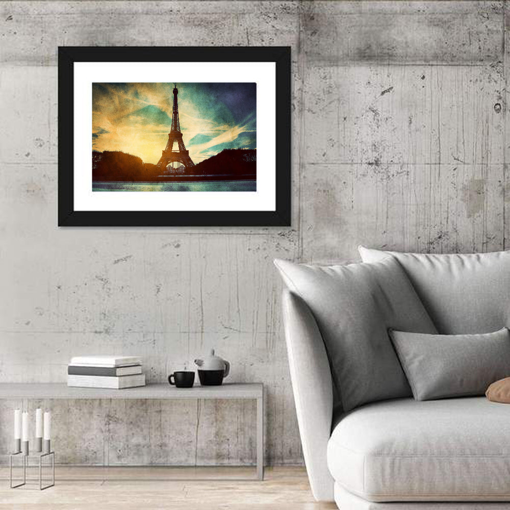 Eiffel Tower Sunset Reflection Wall Art in a room, landscape