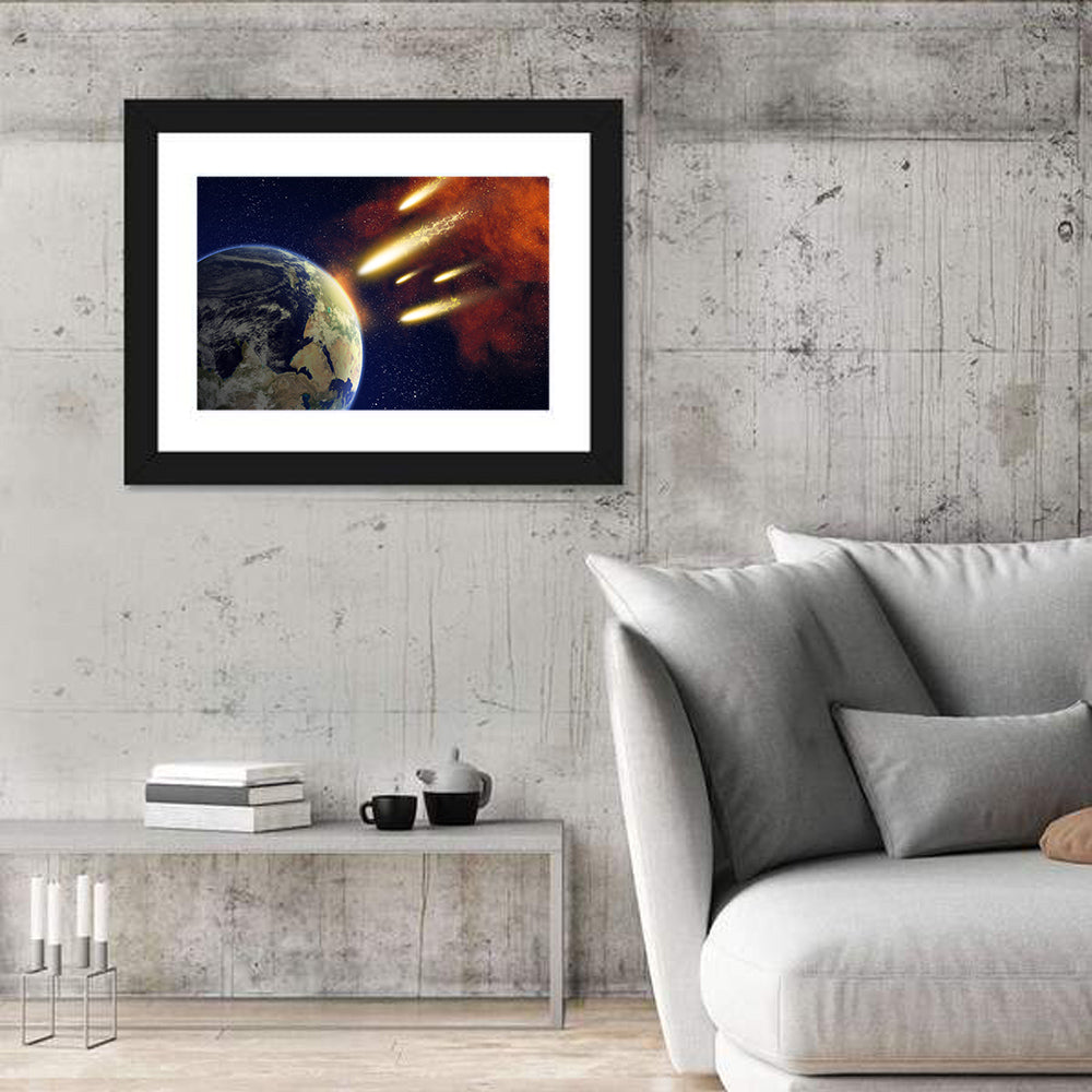 Earth and Flying Asteroids Wall Art in a room, landscape