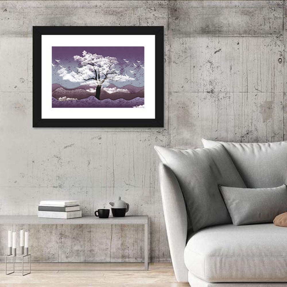 Ethereal Purple Tree Landscape Wall Art in a room, landscape