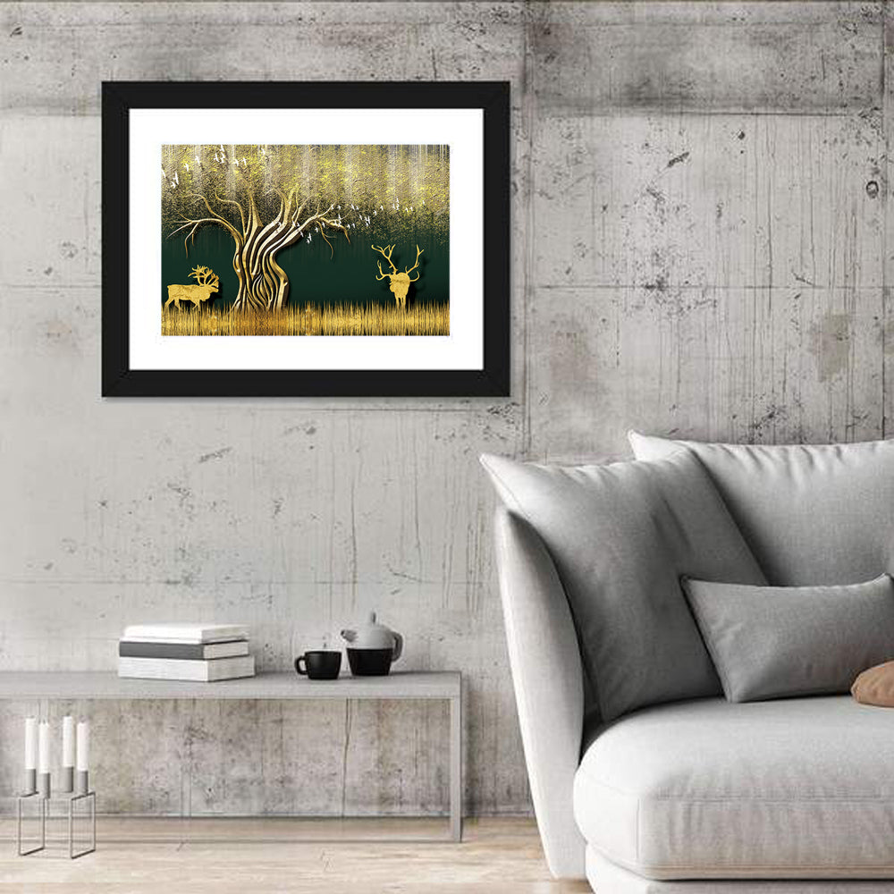 Golden Jungle Deer Scene Wall Art in a room, landscape