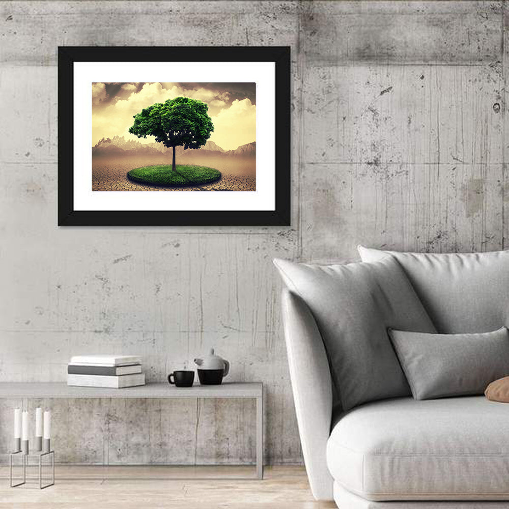 Circular Grass Oasis with Lone Tree Wall Art in a room, landscape