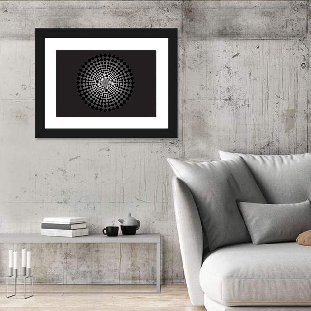 Monochrome Checkerboard Spiral Wall Art in a room, landscape