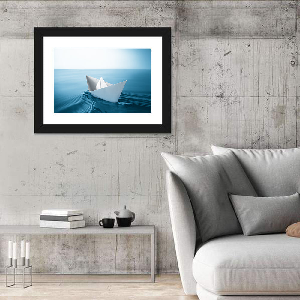 Paper Sailboat on Blue Water Wall Art in a room, landscape