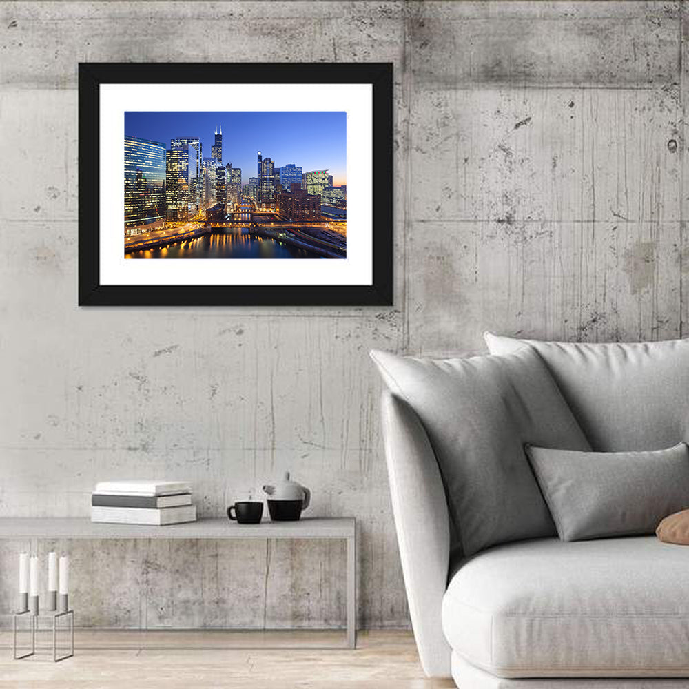 Chicago River Night Skyline Wall Art