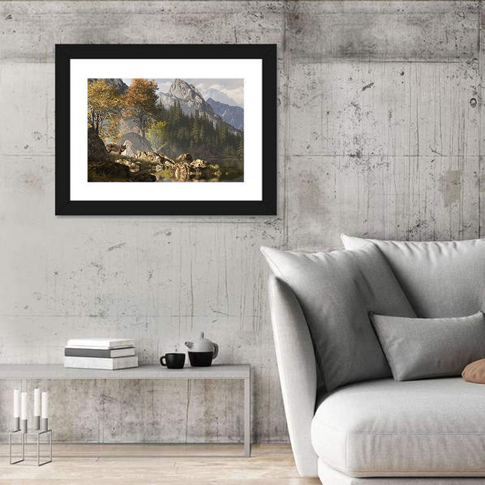 Wolf in the Rocky Mountains Wall Art in a room, landscape