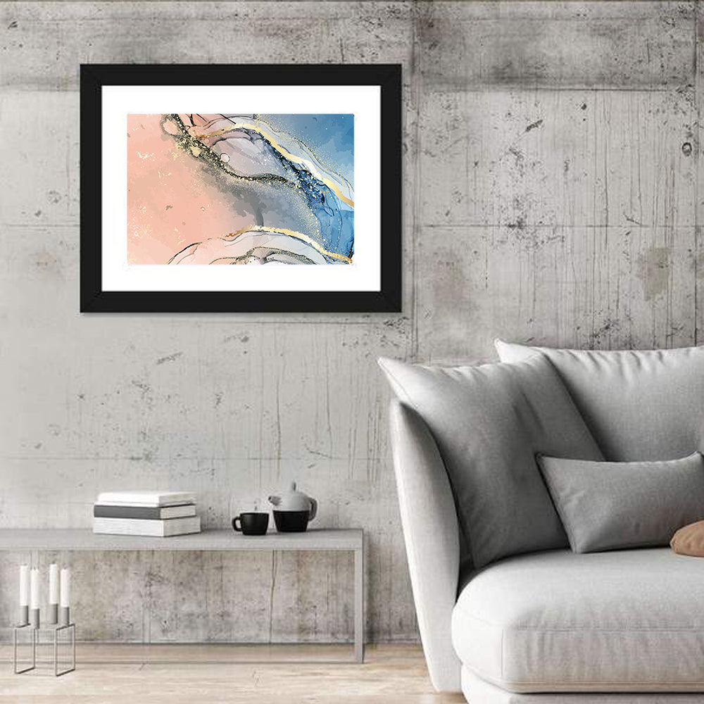Oriental Gold Ink Illustration Wall Art in a room, landscape