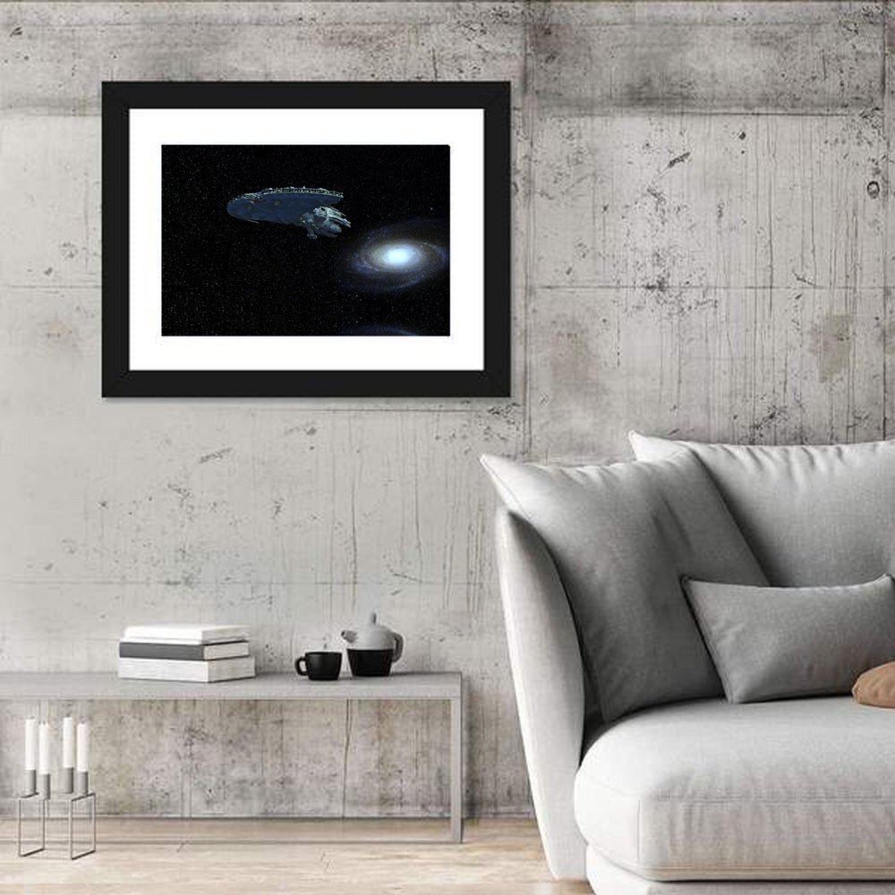 Starship Over Spiral Galaxy Wall Art in a room, landscape