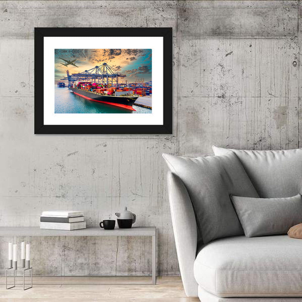 Container Ship in Harbor Wall Art in a room, landscape